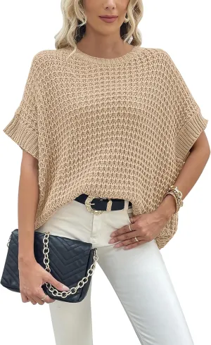 Jumppmile Women's Short Sleeve Waffle Knit Batwing Sleeve Sweater Pullover Sleeveless Oversized Sweater