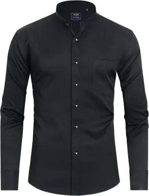 J.VER Mens Banded Collar Dress Shirts Long Sleeve Button Down Mandarin Collar Shirt Solid Stretch Shirt with Pocket