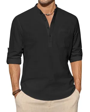 J.VER Men's Linen Roll Up Long Sleeve Shirt Cotton Casual Beach Shirts Henley T-Shirt Band Collar Vacation Tops with Pocket