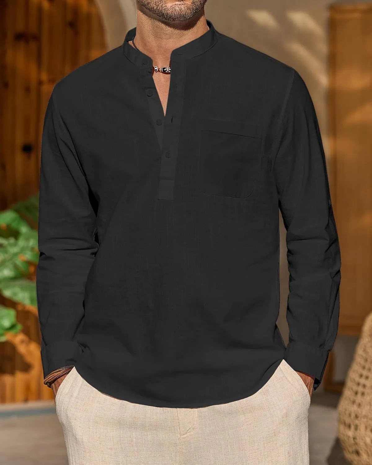 J.VER Men's Linen Roll Up Long Sleeve Shirt Cotton Casual Beach Shirts Henley T-Shirt Band Collar Vacation Tops with Pocket