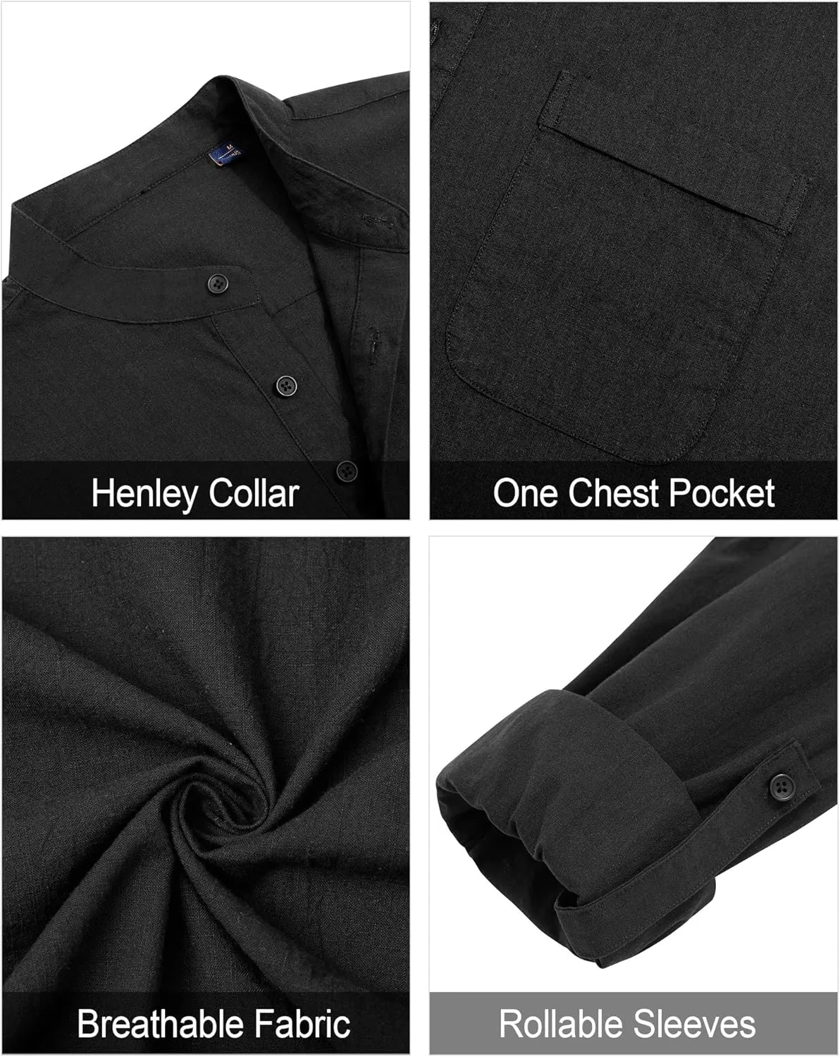 J.VER Men's Linen Roll Up Long Sleeve Shirt Cotton Casual Beach Shirts Henley T-Shirt Band Collar Vacation Tops with Pocket