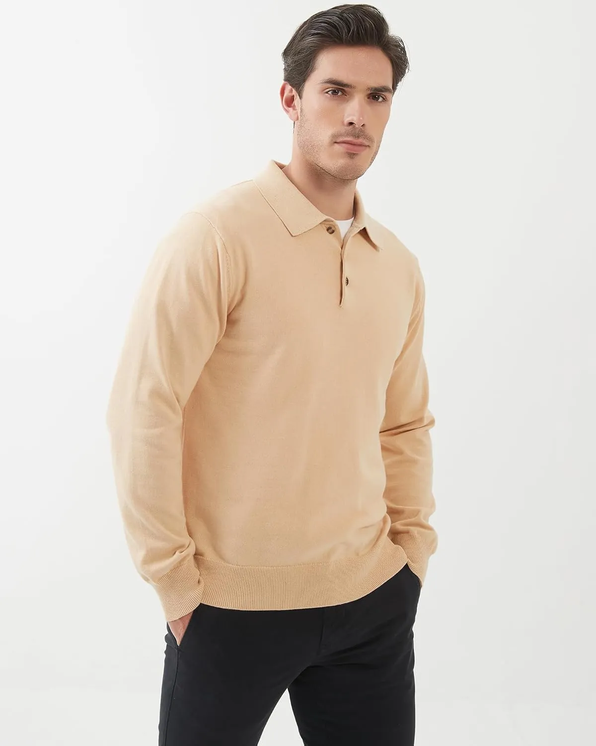Kallspin Men's Cotton Knit Polo Sweater Classic Casual Long Sleeve Collared Pullover Sweater