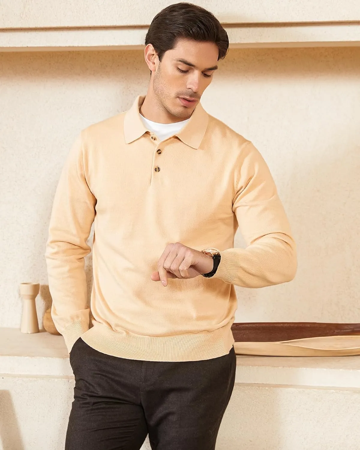 Kallspin Men's Cotton Knit Polo Sweater Classic Casual Long Sleeve Collared Pullover Sweater