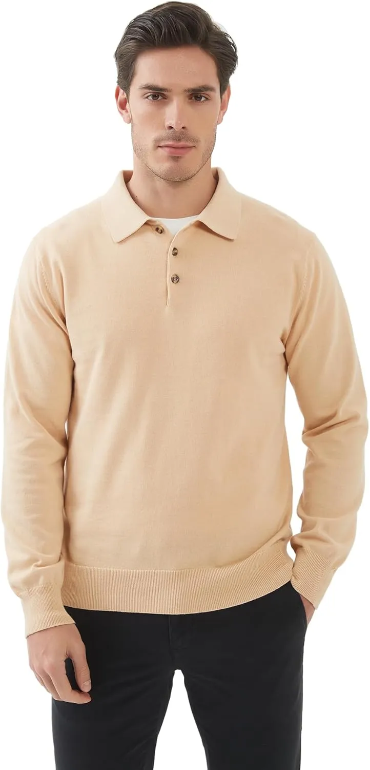Kallspin Men's Cotton Knit Polo Sweater Classic Casual Long Sleeve Collared Pullover Sweater