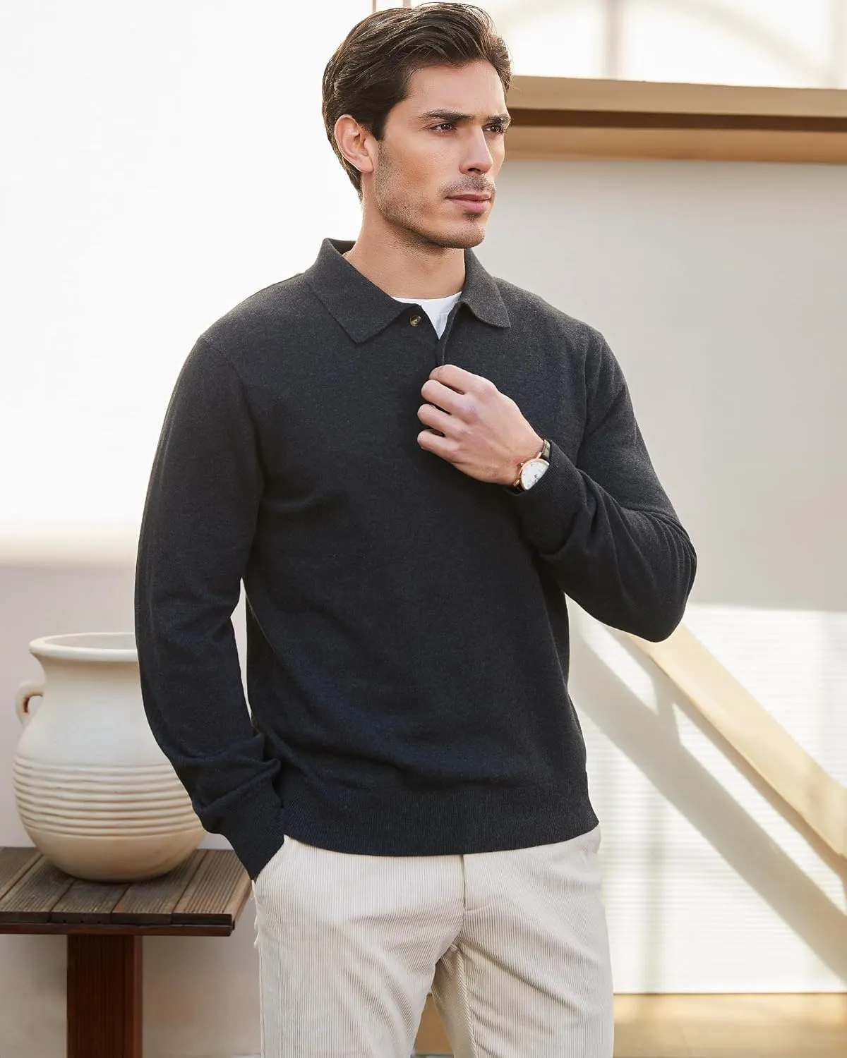 Kallspin Men's Cotton Knit Polo Sweater Classic Casual Long Sleeve Collared Pullover Sweater