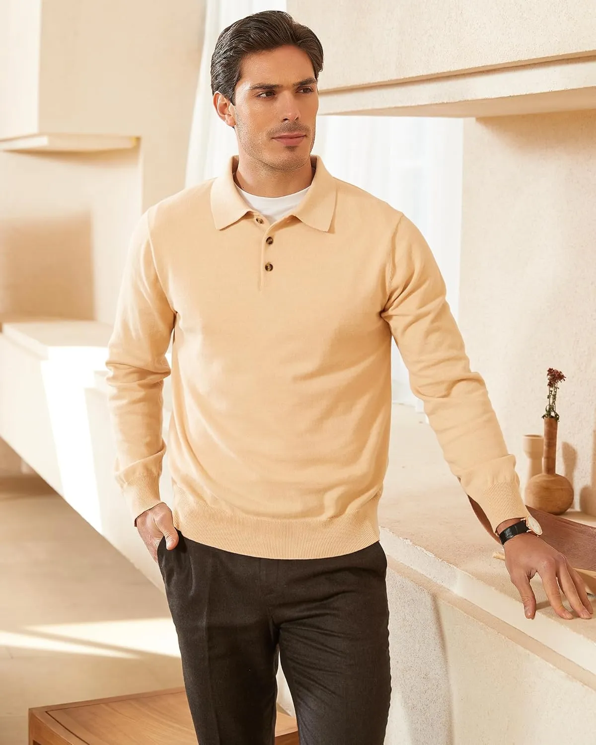 Kallspin Men's Cotton Knit Polo Sweater Classic Casual Long Sleeve Collared Pullover Sweater