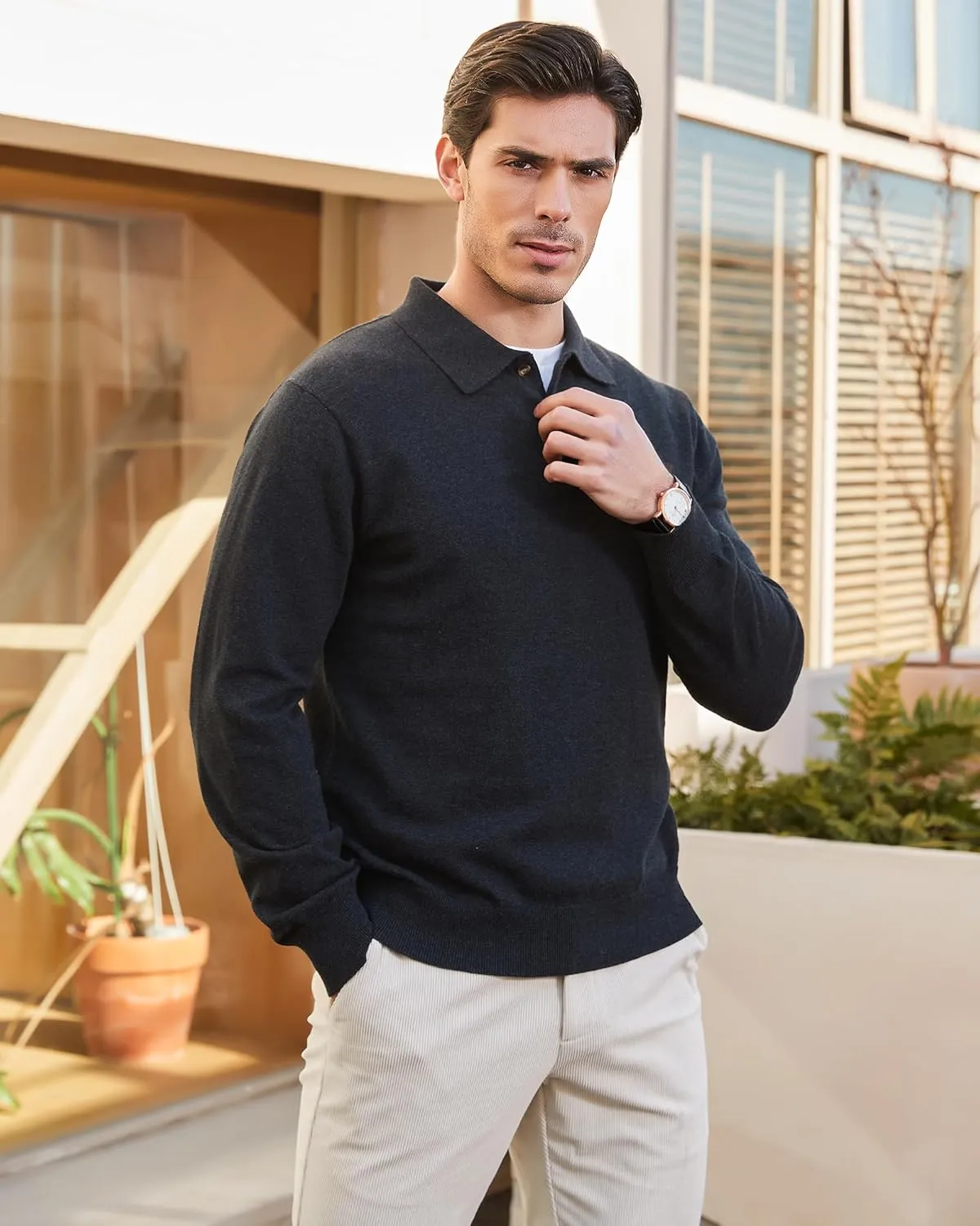 Kallspin Men's Cotton Knit Polo Sweater Classic Casual Long Sleeve Collared Pullover Sweater