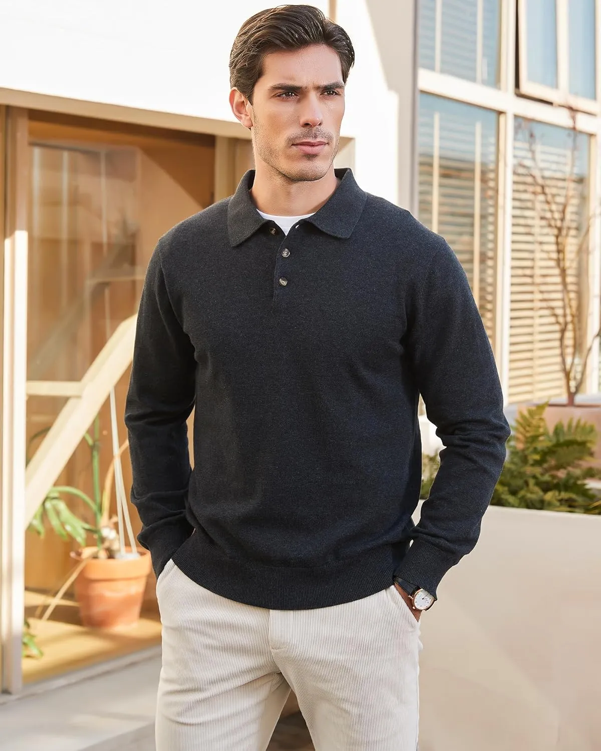 Kallspin Men's Cotton Knit Polo Sweater Classic Casual Long Sleeve Collared Pullover Sweater