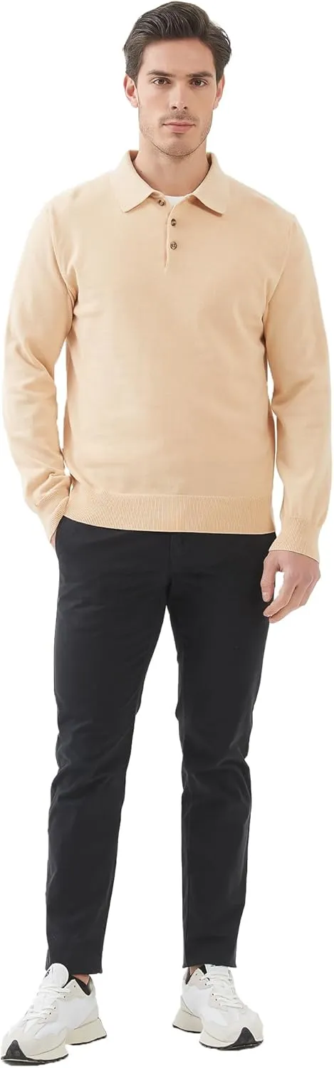 Kallspin Men's Cotton Knit Polo Sweater Classic Casual Long Sleeve Collared Pullover Sweater