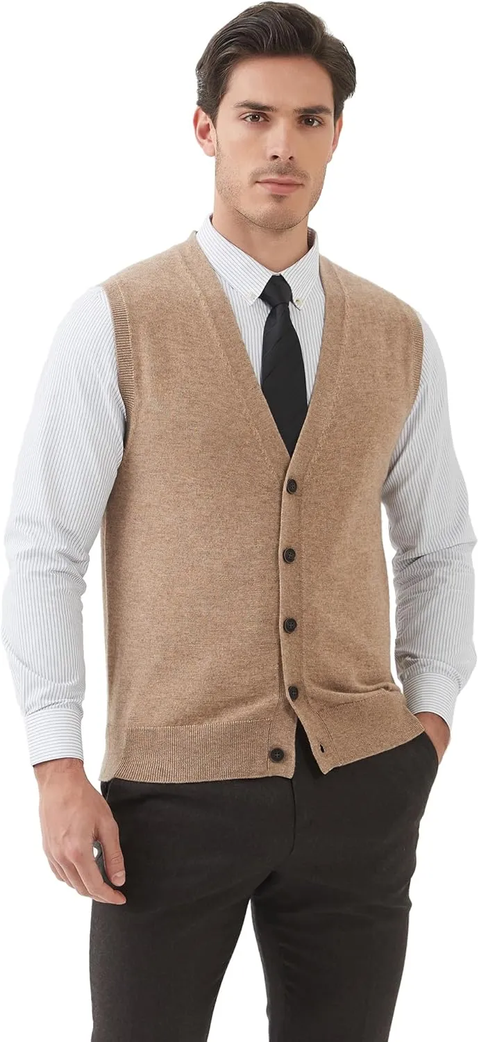 Kallspin Men's Sweater Vest Wool Blend V-Neck Button Sleeveless Cardigan Vest Sweater