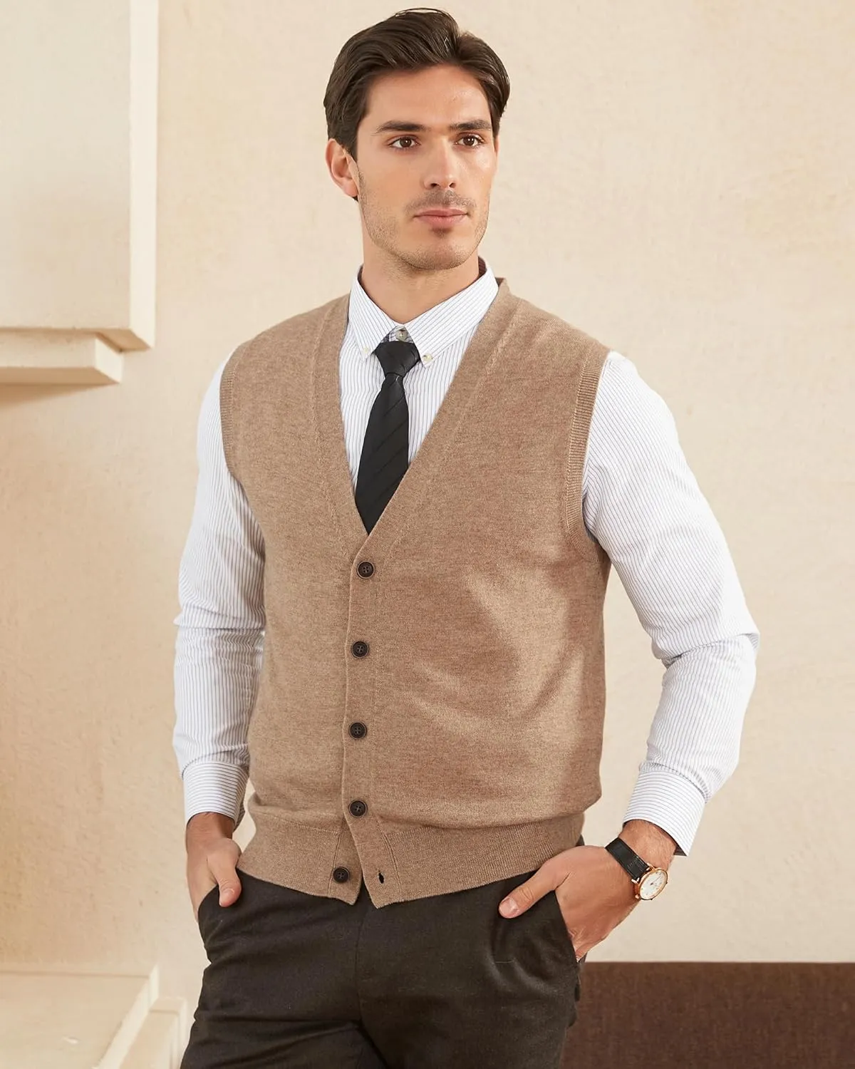 Kallspin Men's Sweater Vest Wool Blend V-Neck Button Sleeveless Cardigan Vest Sweater