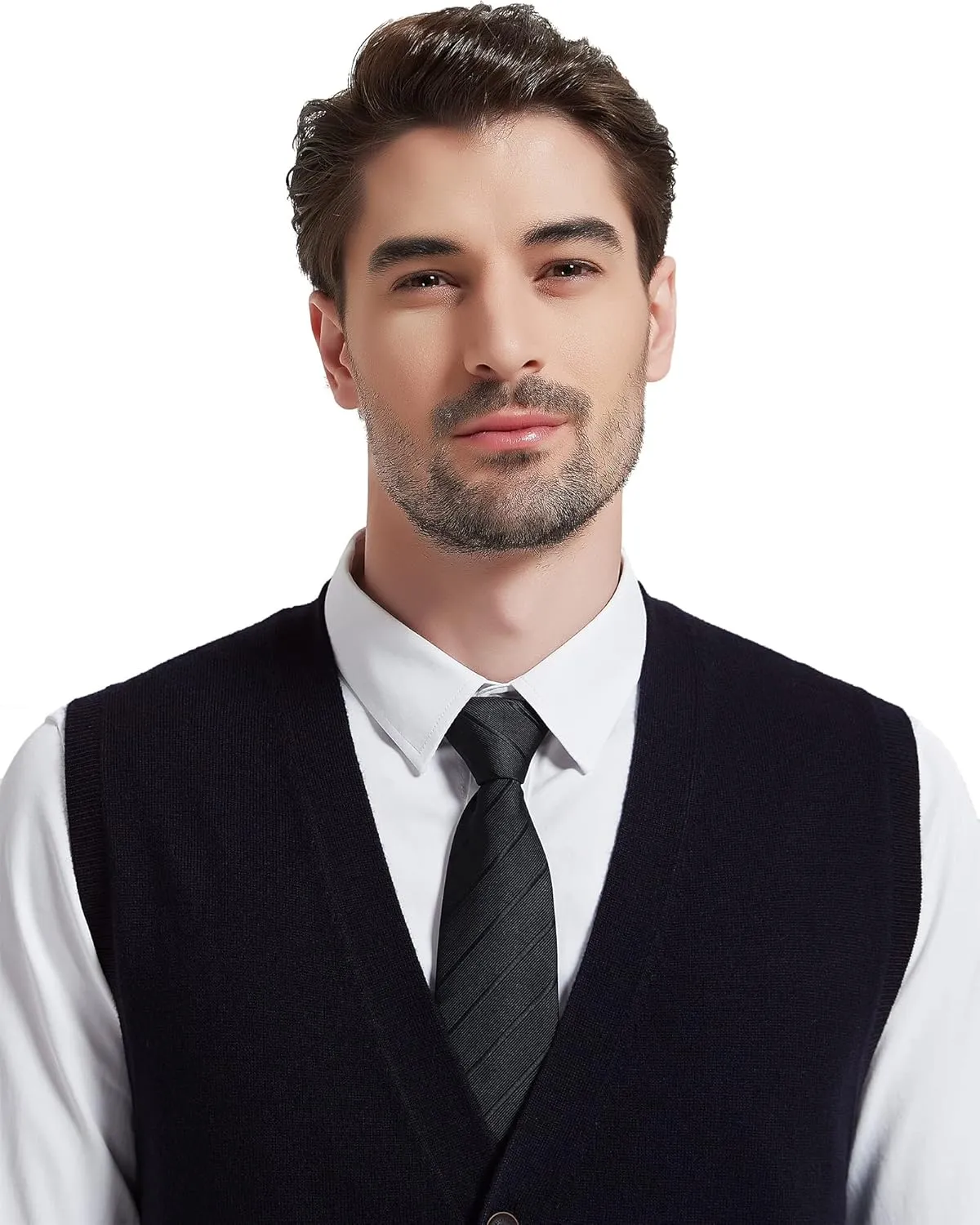 Kallspin Men's Sweater Vest Wool Blend V-Neck Button Sleeveless Cardigan Vest Sweater