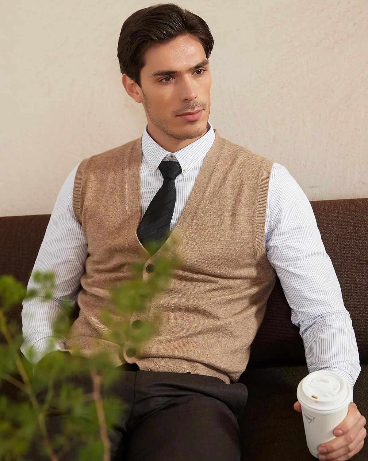 Kallspin Men's Sweater Vest Wool Blend V-Neck Button Sleeveless Cardigan Vest Sweater