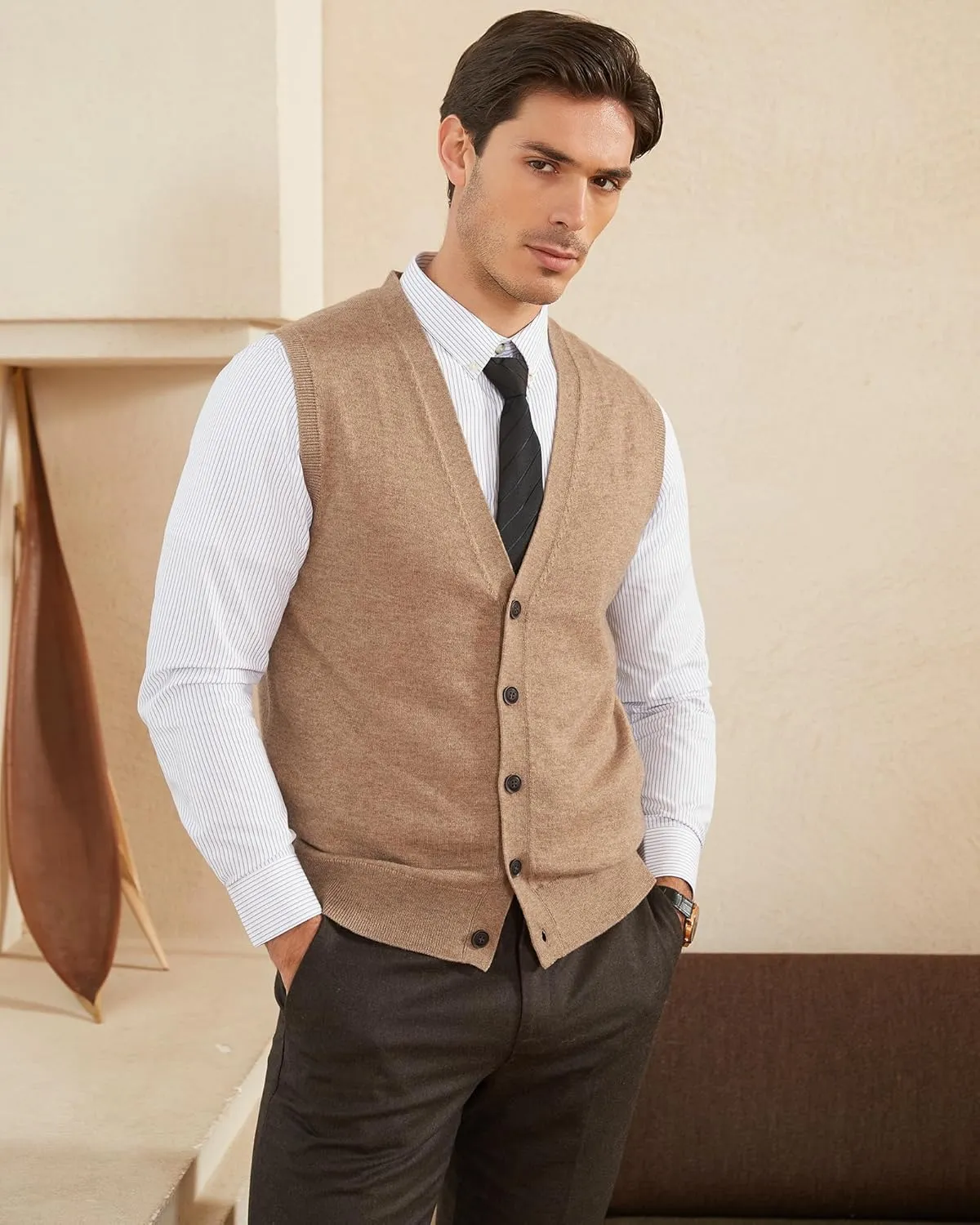 Kallspin Men's Sweater Vest Wool Blend V-Neck Button Sleeveless Cardigan Vest Sweater