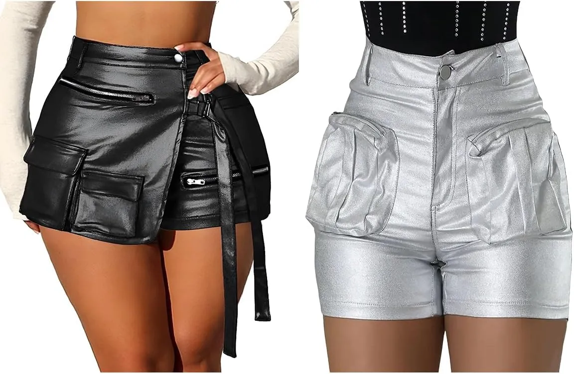 KANSOON Women Leather Shorts Metallic High Waisted Cargo Skort Rave Asymmetrical Skirt Skorts XL