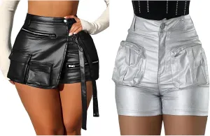 KANSOON Women Leather Shorts Metallic High Waisted Cargo Skort Rave Asymmetrical Skirt Skorts XL