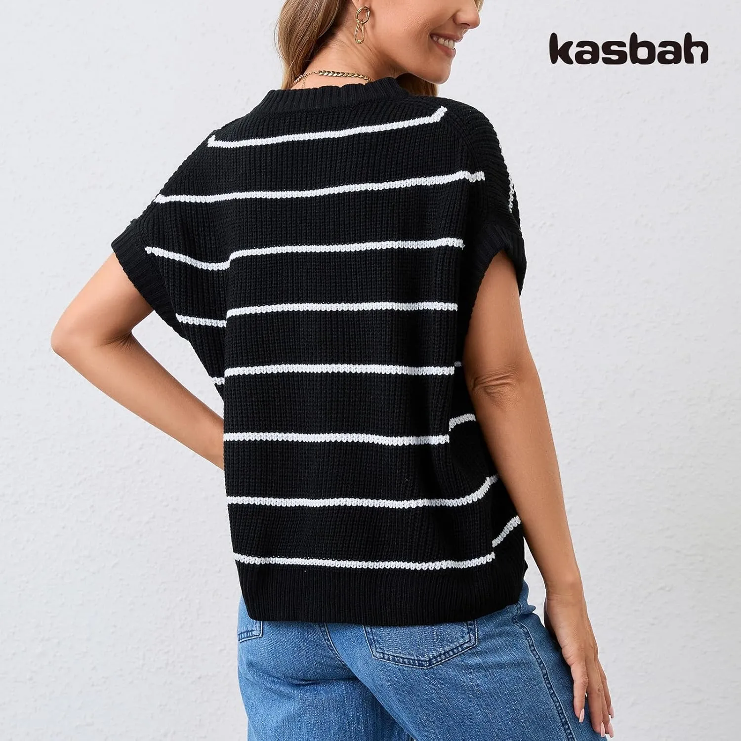 KASBAH Women's Short Sleeve Sweater Vest Crewneck Cap Sleeve Stripped Knit Pullover Tank Tops