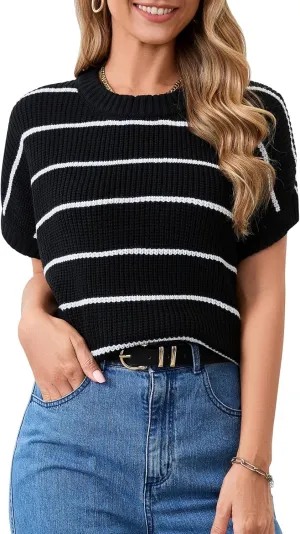 KASBAH Women's Short Sleeve Sweater Vest Crewneck Cap Sleeve Stripped Knit Pullover Tank Tops