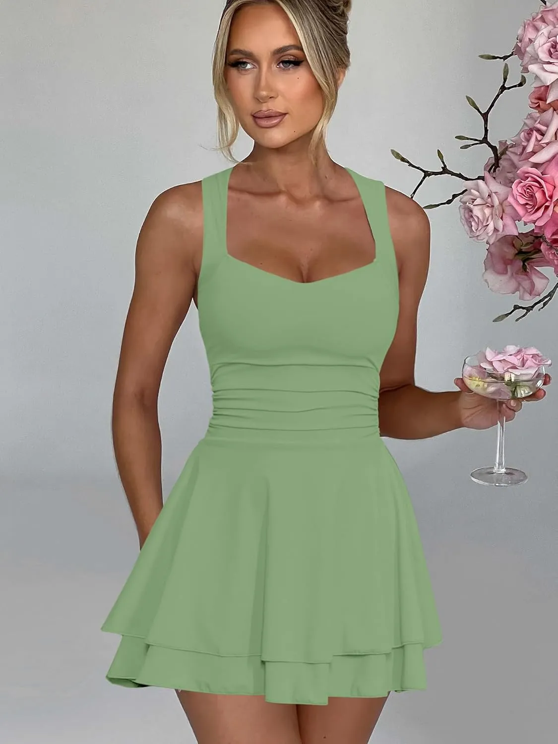Kaximil Women's Sexy Square Neck Sleeveless Mini Dress Ruched Ruffle Hem Corset Party Dresses