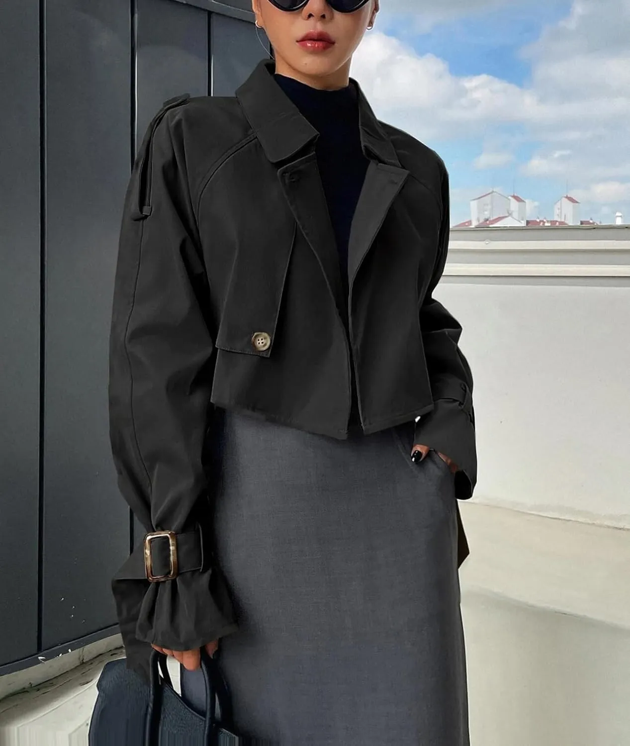 Kedera Women's Cropped Trench Coat Long Sleeve Casual Jacket Classic Double-Breasted Lapel Overcoat Fashion Outerwear