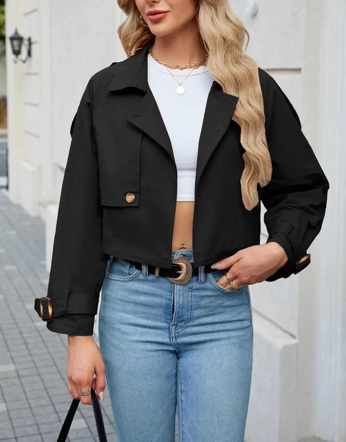 Kedera Women's Cropped Trench Coat Long Sleeve Casual Jacket Classic Double-Breasted Lapel Overcoat Fashion Outerwear