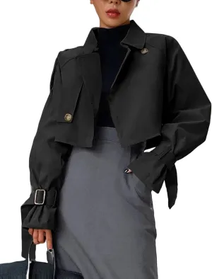 Kedera Women's Cropped Trench Coat Long Sleeve Casual Jacket Classic Double-Breasted Lapel Overcoat Fashion Outerwear