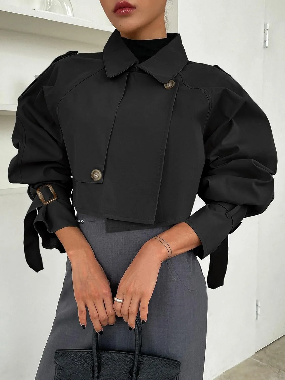 Kedera Women's Cropped Trench Coat Long Sleeve Casual Jacket Classic Double-Breasted Lapel Overcoat Fashion Outerwear