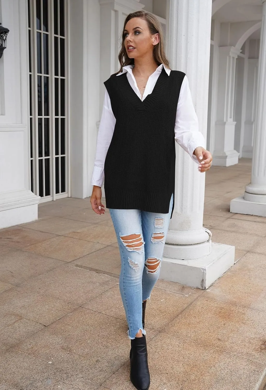 Kisscynest Women's Oversized V Neck Knitted Sweater Vest Casual Loose Sleeveless Sweater Pullover