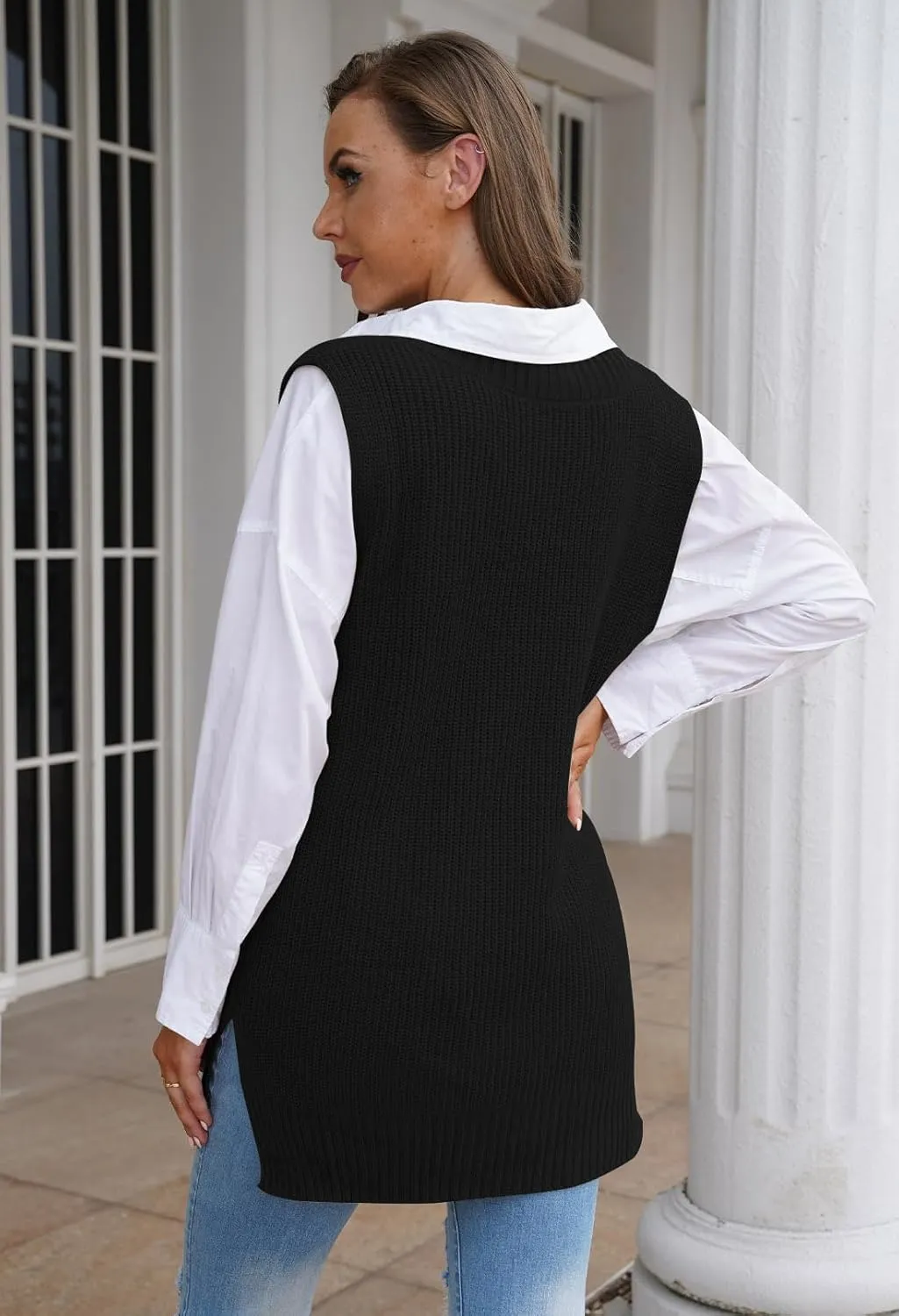 Kisscynest Women's Oversized V Neck Knitted Sweater Vest Casual Loose Sleeveless Sweater Pullover