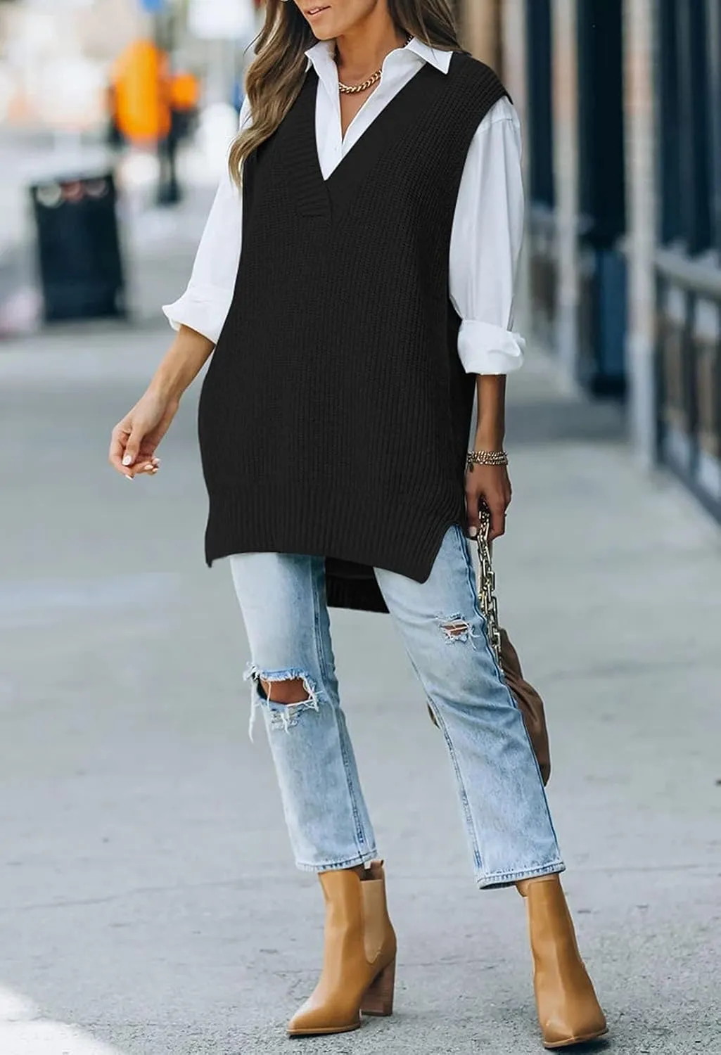 Kisscynest Women's Oversized V Neck Knitted Sweater Vest Casual Loose Sleeveless Sweater Pullover