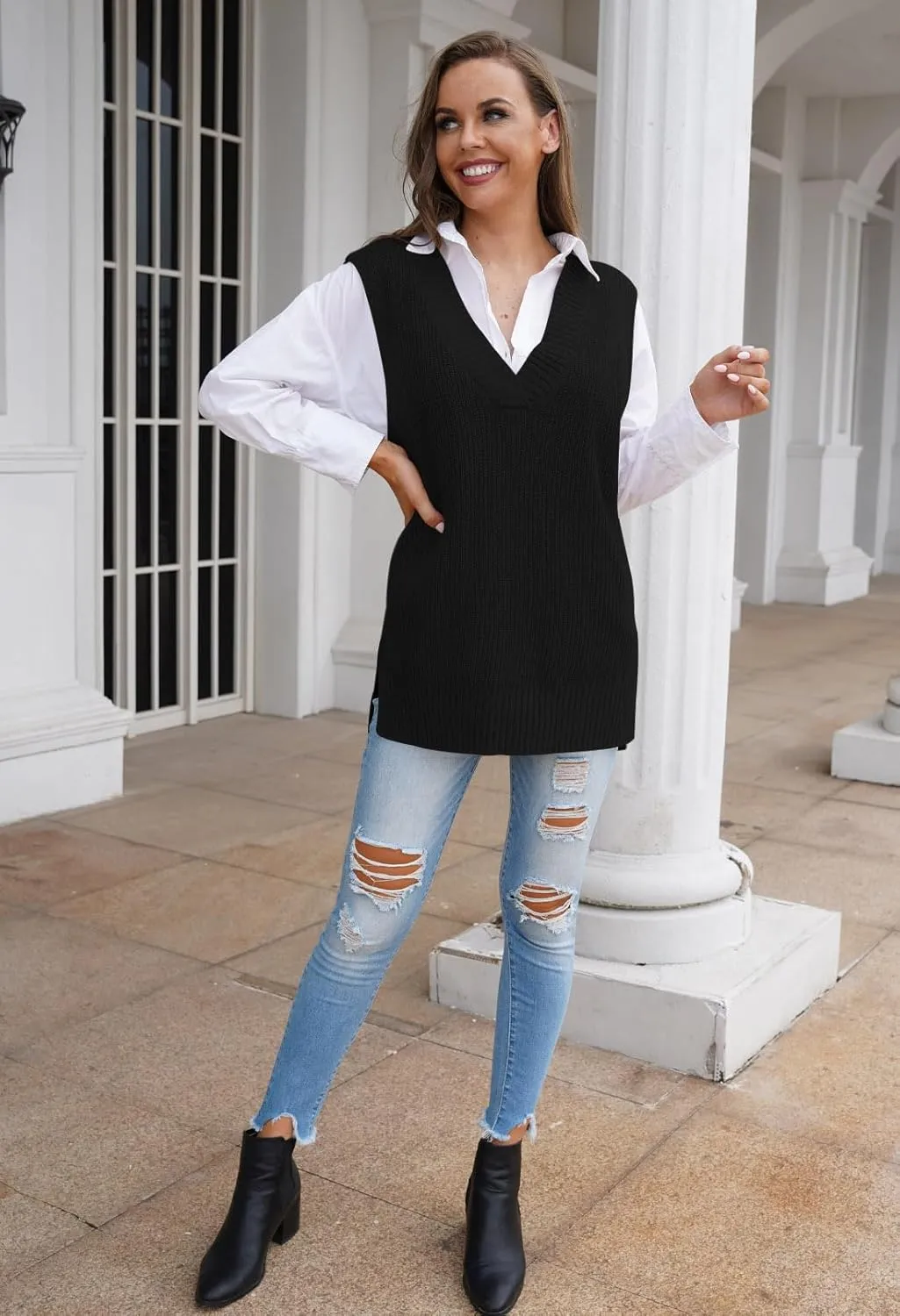 Kisscynest Women's Oversized V Neck Knitted Sweater Vest Casual Loose Sleeveless Sweater Pullover