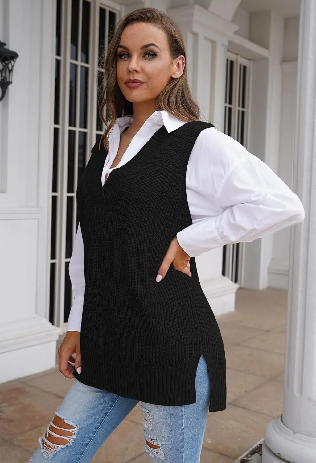 Kisscynest Women's Oversized V Neck Knitted Sweater Vest Casual Loose Sleeveless Sweater Pullover