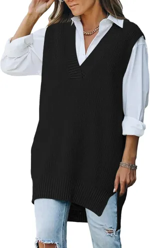 Kisscynest Women's Oversized V Neck Knitted Sweater Vest Casual Loose Sleeveless Sweater Pullover