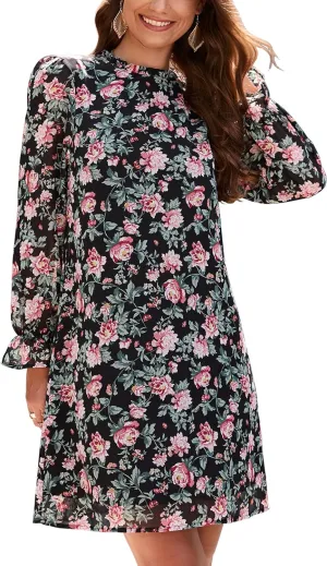 KOJOOIN Women's Ruffle Mock Neck Long Sleeve Floral Print Mini Casual Pleated Flowy Babydoll Short Dress