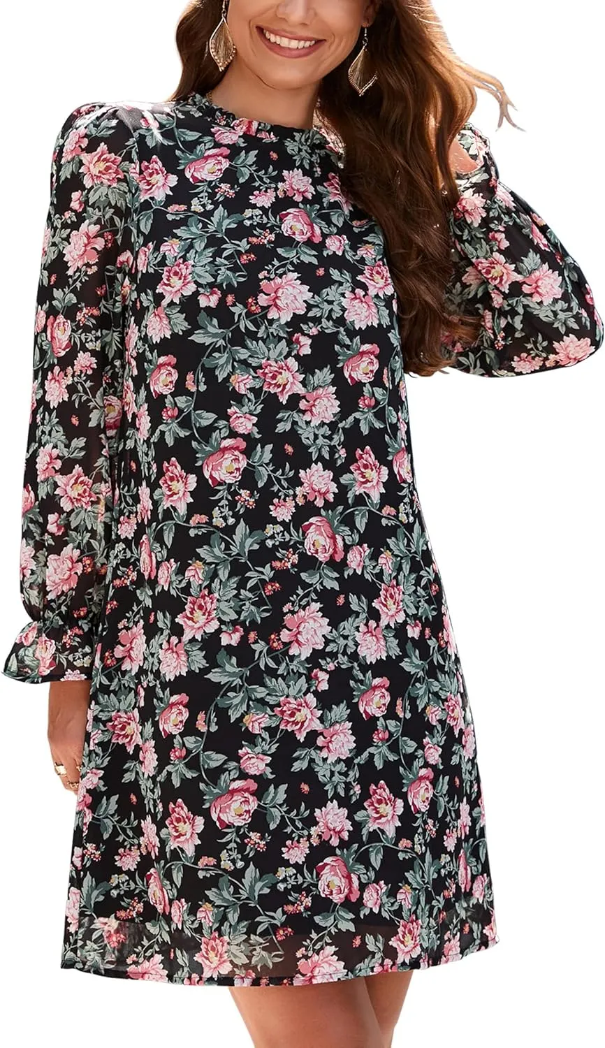 KOJOOIN Women's Ruffle Mock Neck Long Sleeve Floral Print Mini Casual Pleated Flowy Babydoll Short Dress