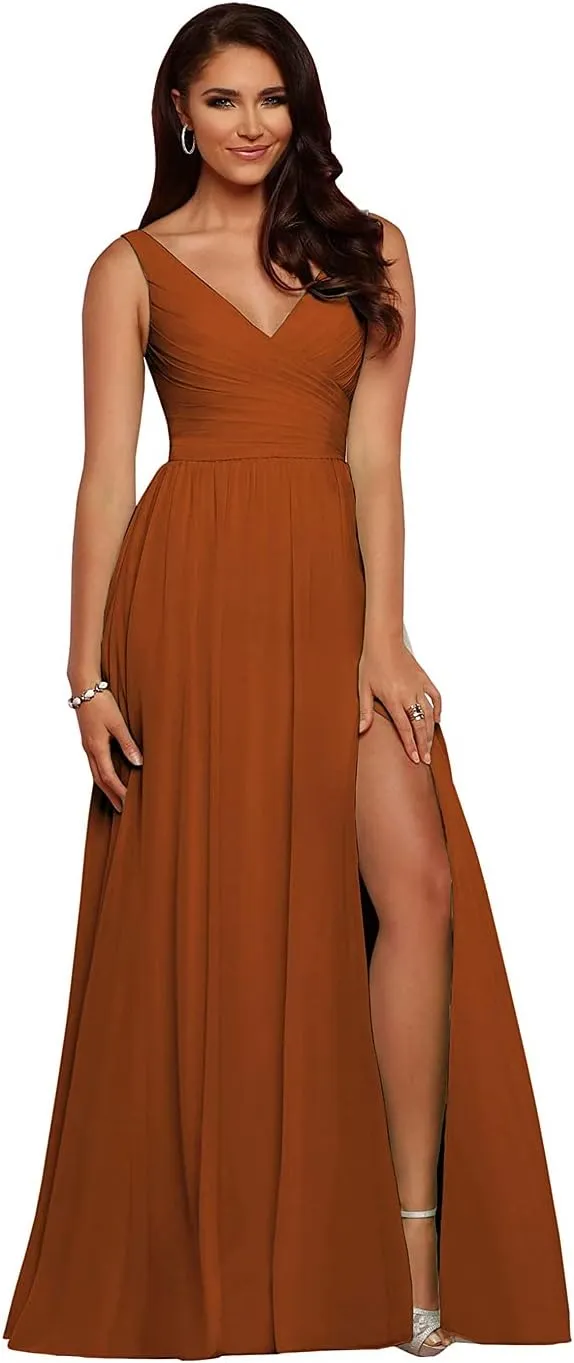 kosoze V Neck Chiffon Bridesmaid Dresses for Wedding A-Line Pleated Wedding Guest Dresses with Slit
