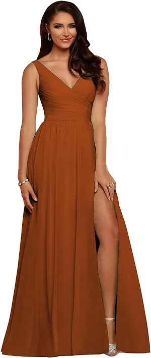 kosoze V Neck Chiffon Bridesmaid Dresses for Wedding A-Line Pleated Wedding Guest Dresses with Slit