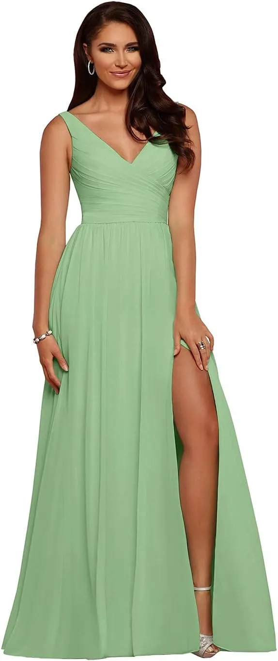 kosoze V Neck Chiffon Bridesmaid Dresses for Wedding A-Line Pleated Wedding Guest Dresses with Slit
