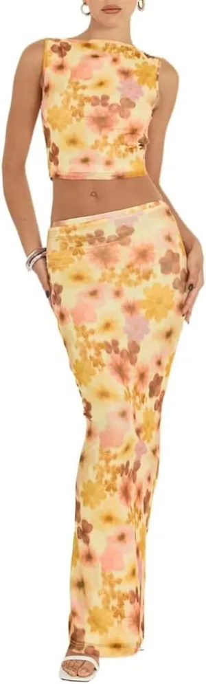 ksotutm Floral Print Maxi Skirt Set Crop Top and Fishtail Maxi Skirt Two Piece Sets for Women Going Out