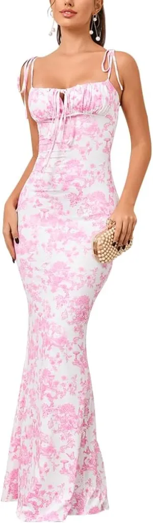 KUTUMAI Women's Summer Floral Bodycon Maxi Dress Spaghetti Strap Sleeveless Boho Long Dresses