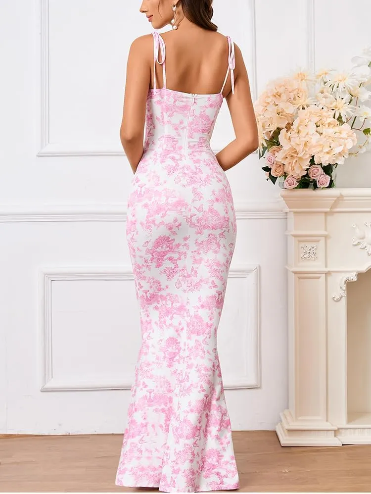 KUTUMAI Women's Summer Floral Bodycon Maxi Dress Spaghetti Strap Sleeveless Boho Long Dresses