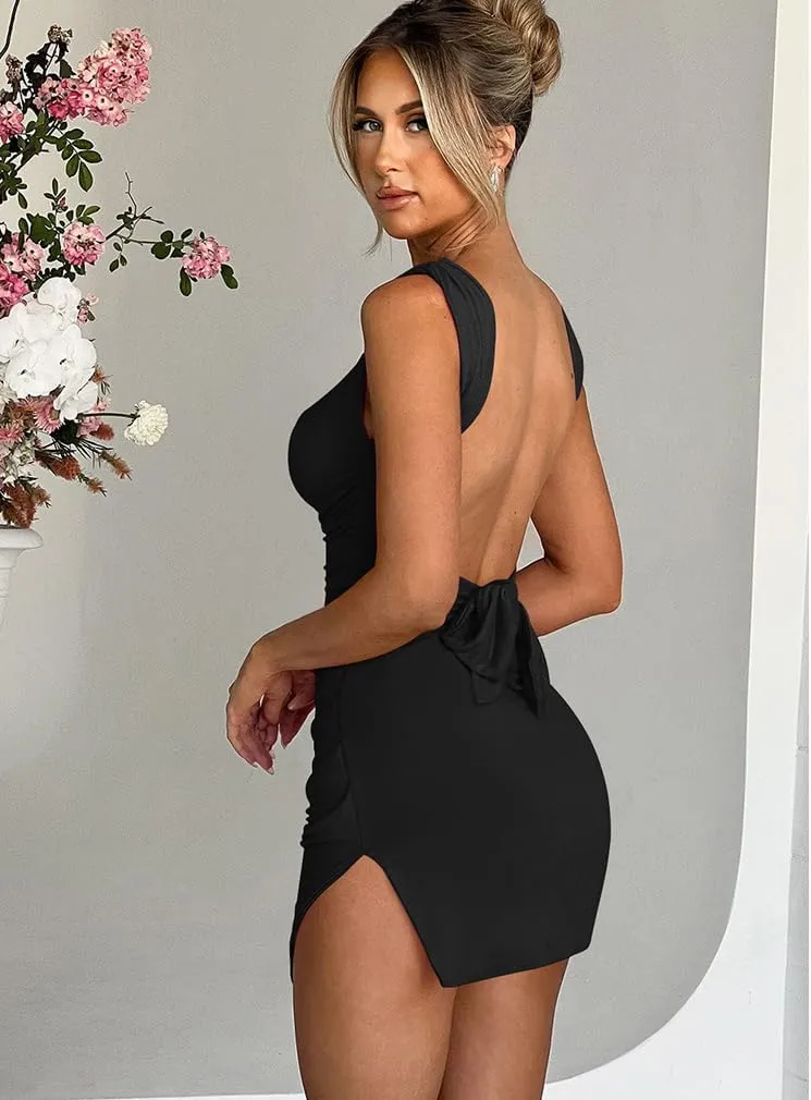 LAGSHIAN Women's Sexy Bodycon Backless Waist Back Tie Sleeveless Square Neck Split Hem Summer Ruched Mini Dress