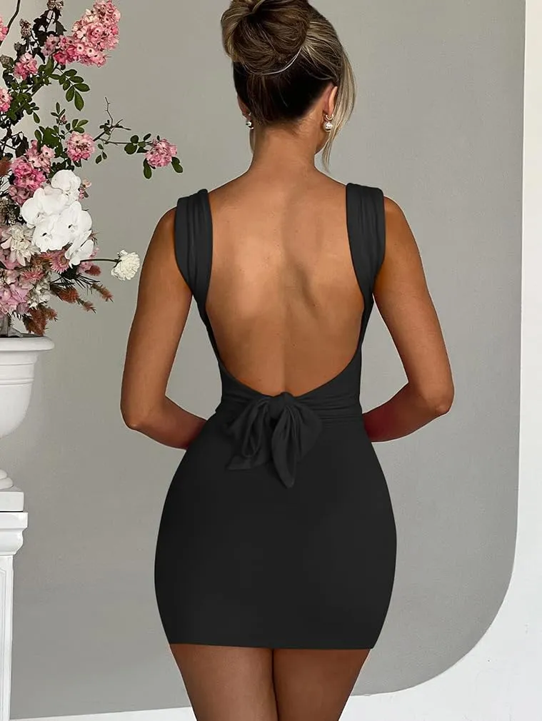 LAGSHIAN Women's Sexy Bodycon Backless Waist Back Tie Sleeveless Square Neck Split Hem Summer Ruched Mini Dress
