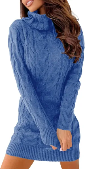 Langwyqu Womens Cable Knit Sweater Dress Sexy Long Sleeve Bodycon Turtleneck Mini Fall Sweaters Dresses