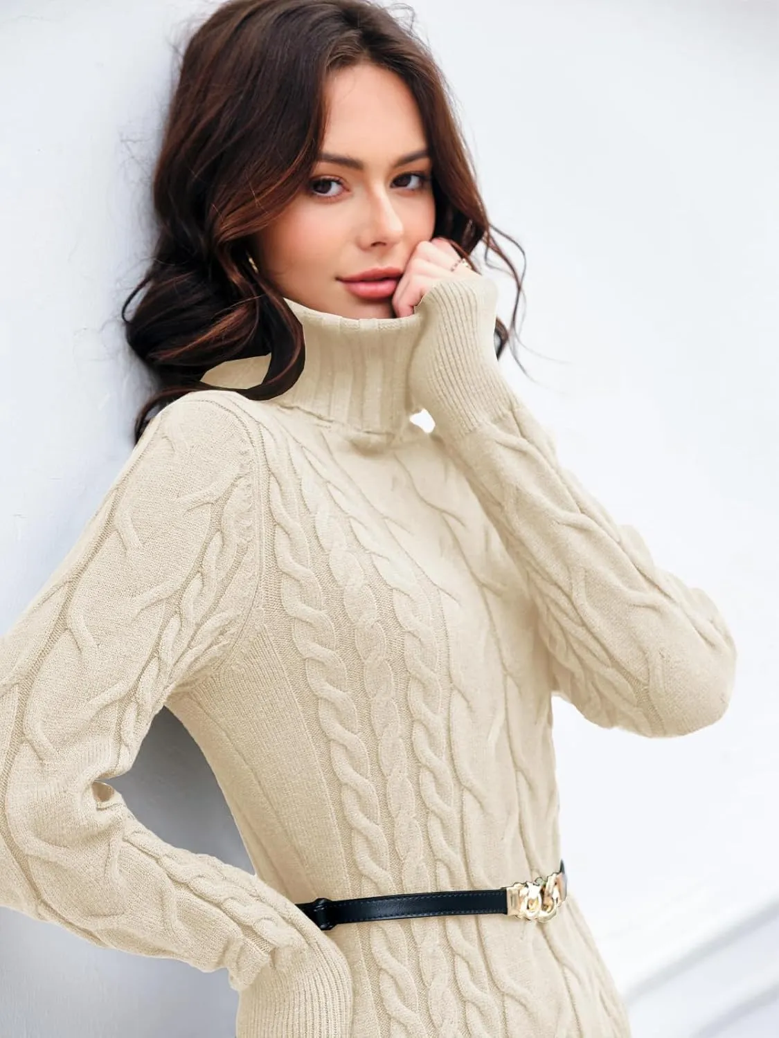 Langwyqu Womens Cable Knit Sweater Dress Sexy Long Sleeve Bodycon Turtleneck Mini Fall Sweaters Dresses