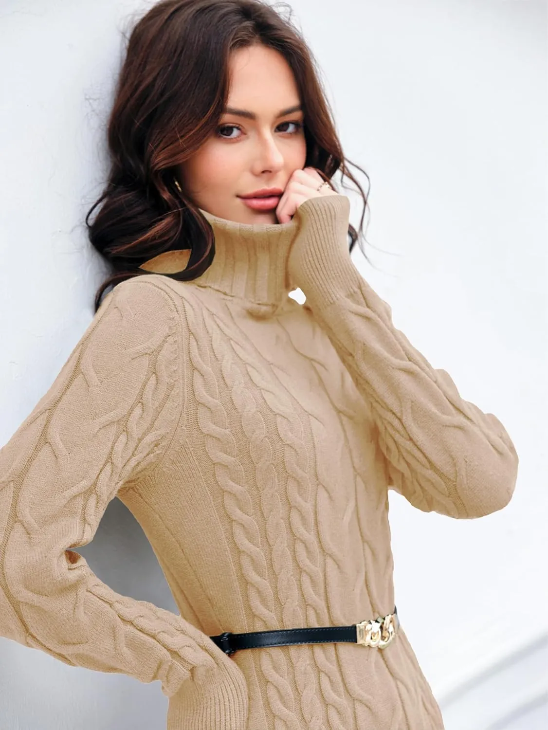 Langwyqu Womens Cable Knit Sweater Dress Sexy Long Sleeve Bodycon Turtleneck Mini Fall Sweaters Dresses