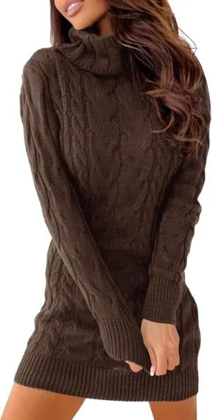 Langwyqu Womens Cable Knit Sweater Dress Sexy Long Sleeve Bodycon Turtleneck Mini Fall Sweaters Dresses
