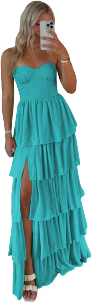 Lawrncedw Strapless Ruffles Prom Dress Tiered Bridesmaid Dresses Sweetheart Chiffon Long Formal Evening Gown with Slit