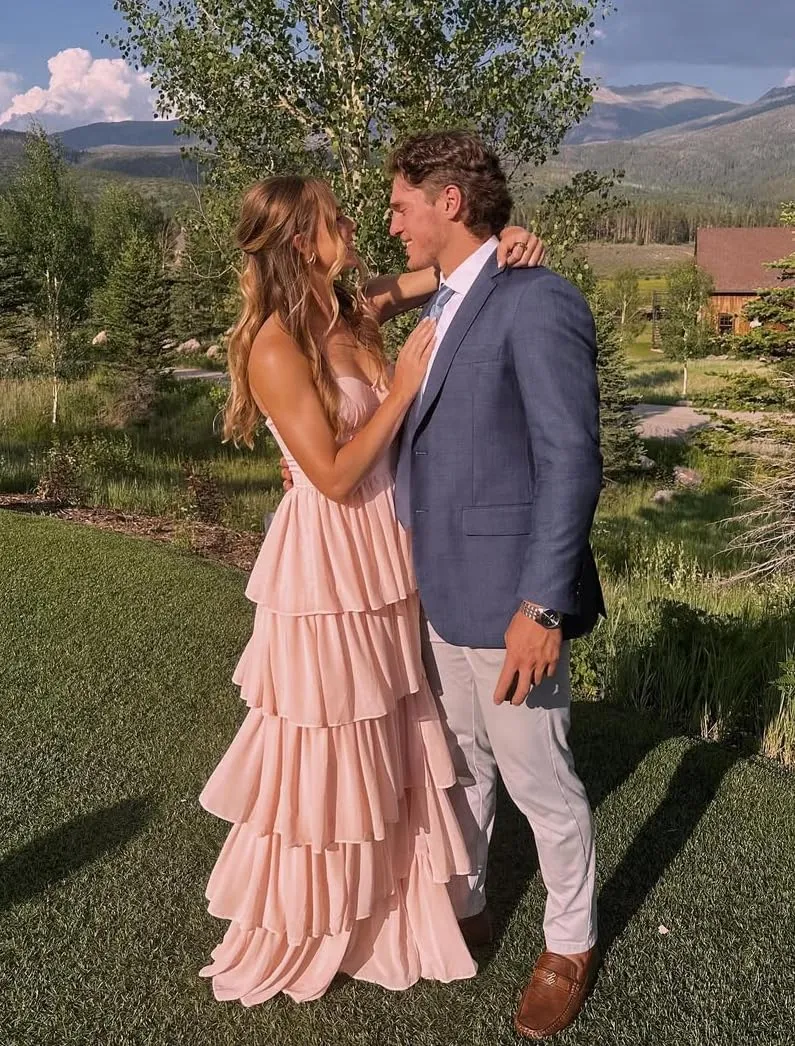 Lawrncedw Strapless Ruffles Prom Dress Tiered Bridesmaid Dresses Sweetheart Chiffon Long Formal Evening Gown with Slit