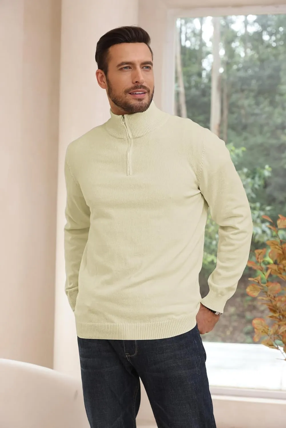 Lexiart Men's Quarter Zip Sweater Casual Mock Neck Pullover Ribbed Knit Polo Sweater